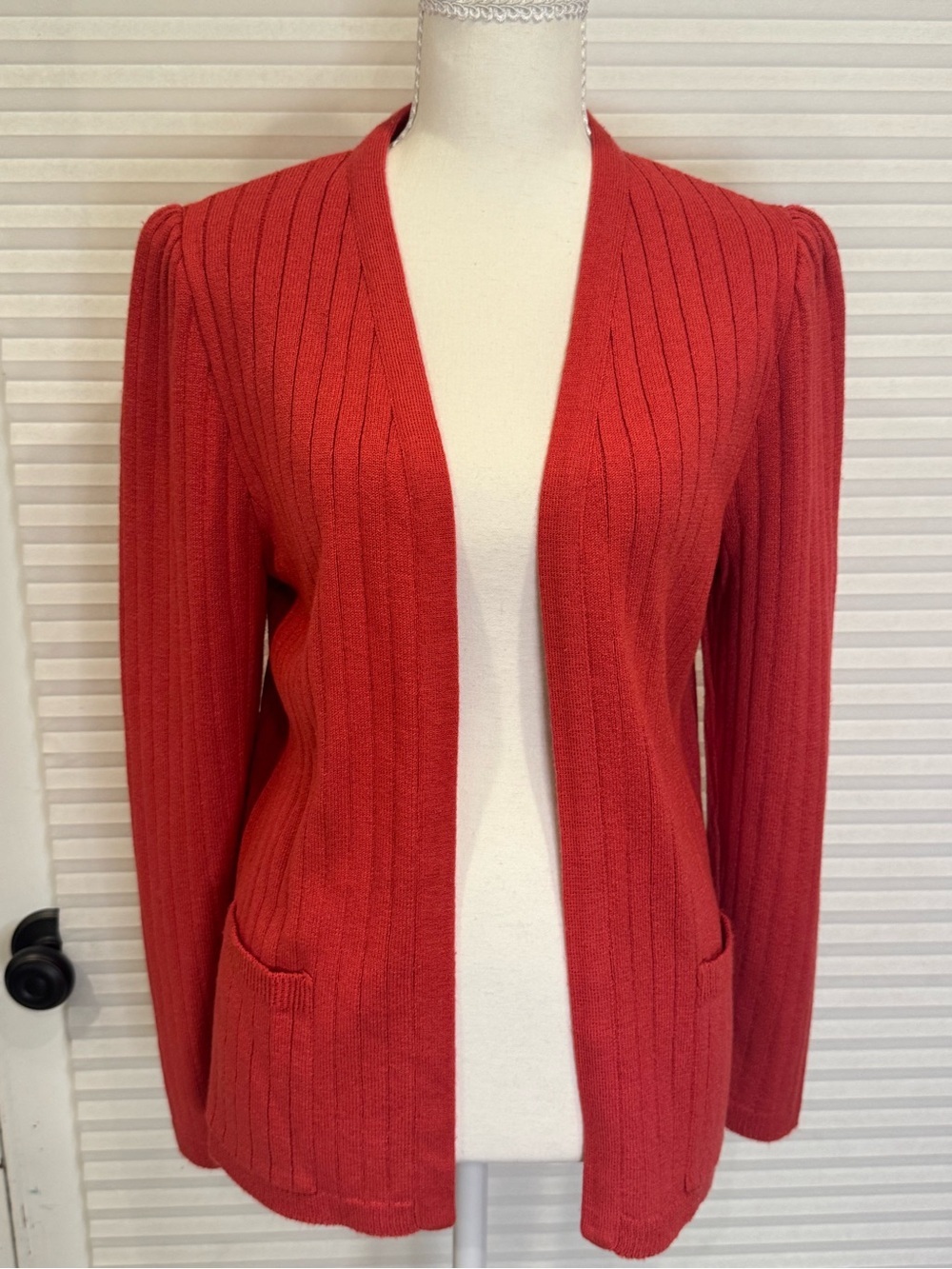 Vintage Derek Rayne LTD Open-Front Red Ribbed Knit Cardigan Jacket 0973